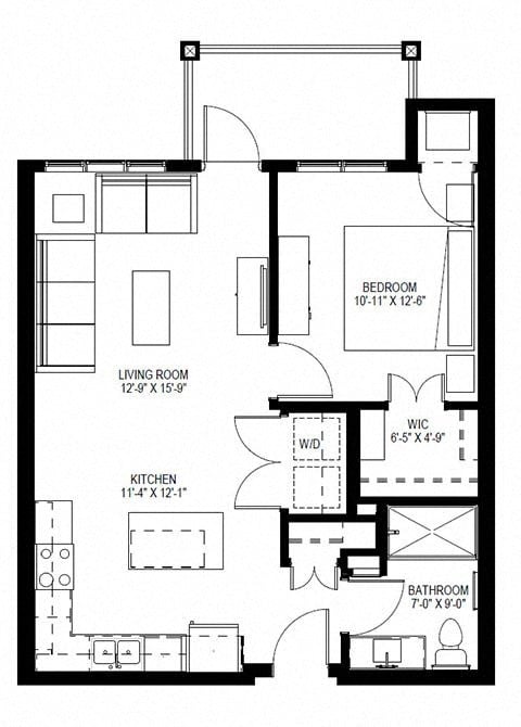 Floor plan for 1 bed, 1 bath, 723 sqft